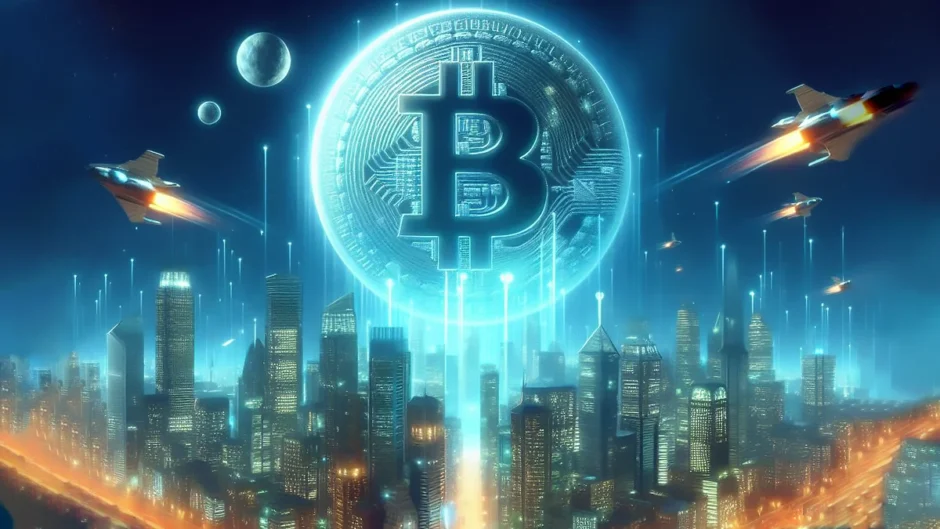 a futuristic illustration of a city with a bitcoin as a moon