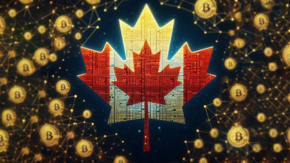 canada flag with bitcoin in the background